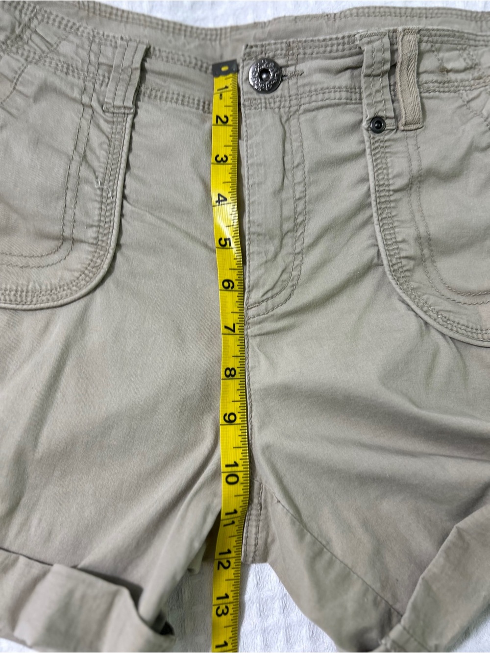 Roll-Cuff Cotton Jean Shorts in Khaki - Women's - Picture 4 of 13